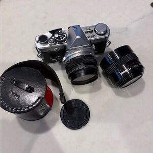 Olympus OM-2 Silver Film Camera with Black Lenses and Case